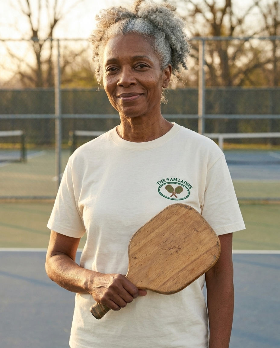 The 9 AM Ladies tee — standing portrait with paddle