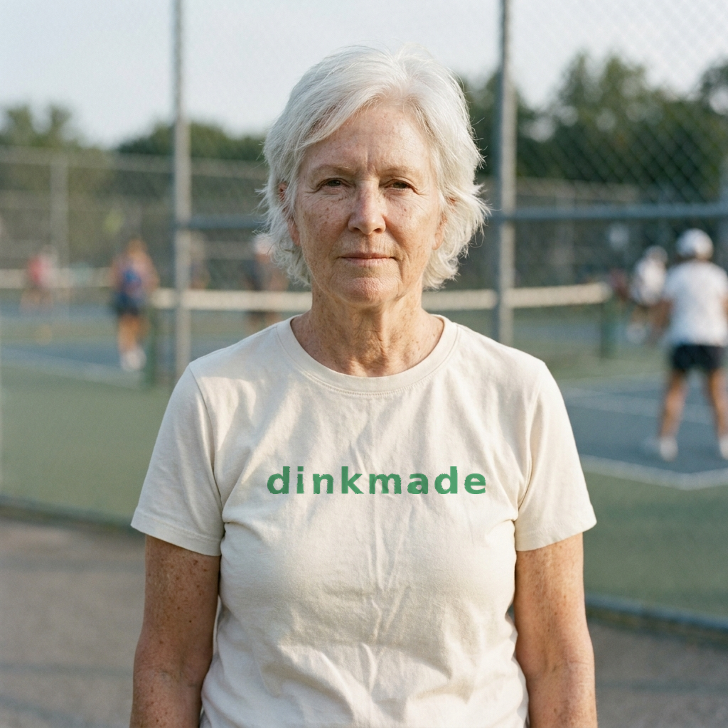 The Wordmark Tee — Court Green on Cream — worn on the court