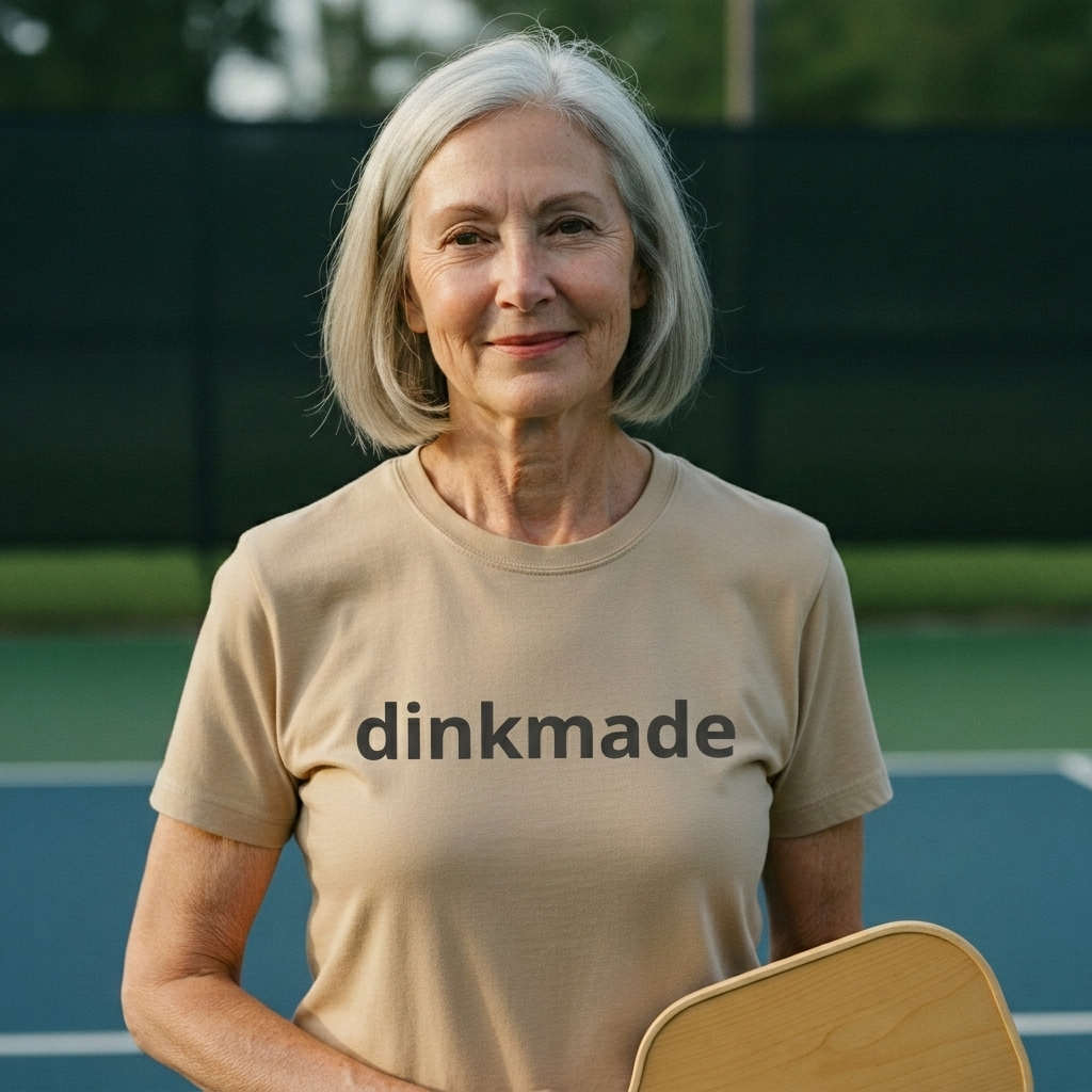 The Wordmark Tee — Charcoal on Sand — worn on the court