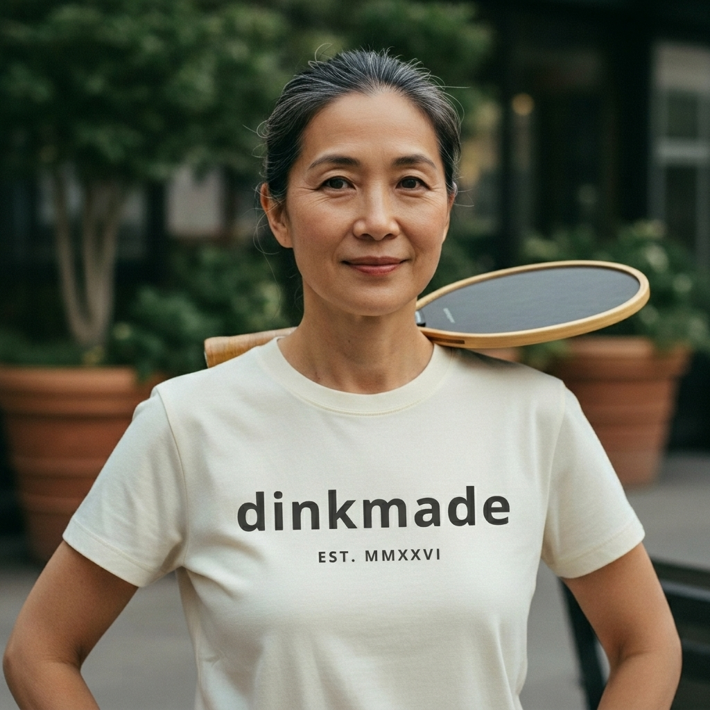 The Stamp Tee — Charcoal on Cream — worn on the court