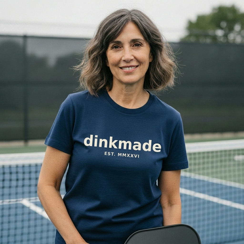 The Stamp Tee — Cream on Navy — worn on the court