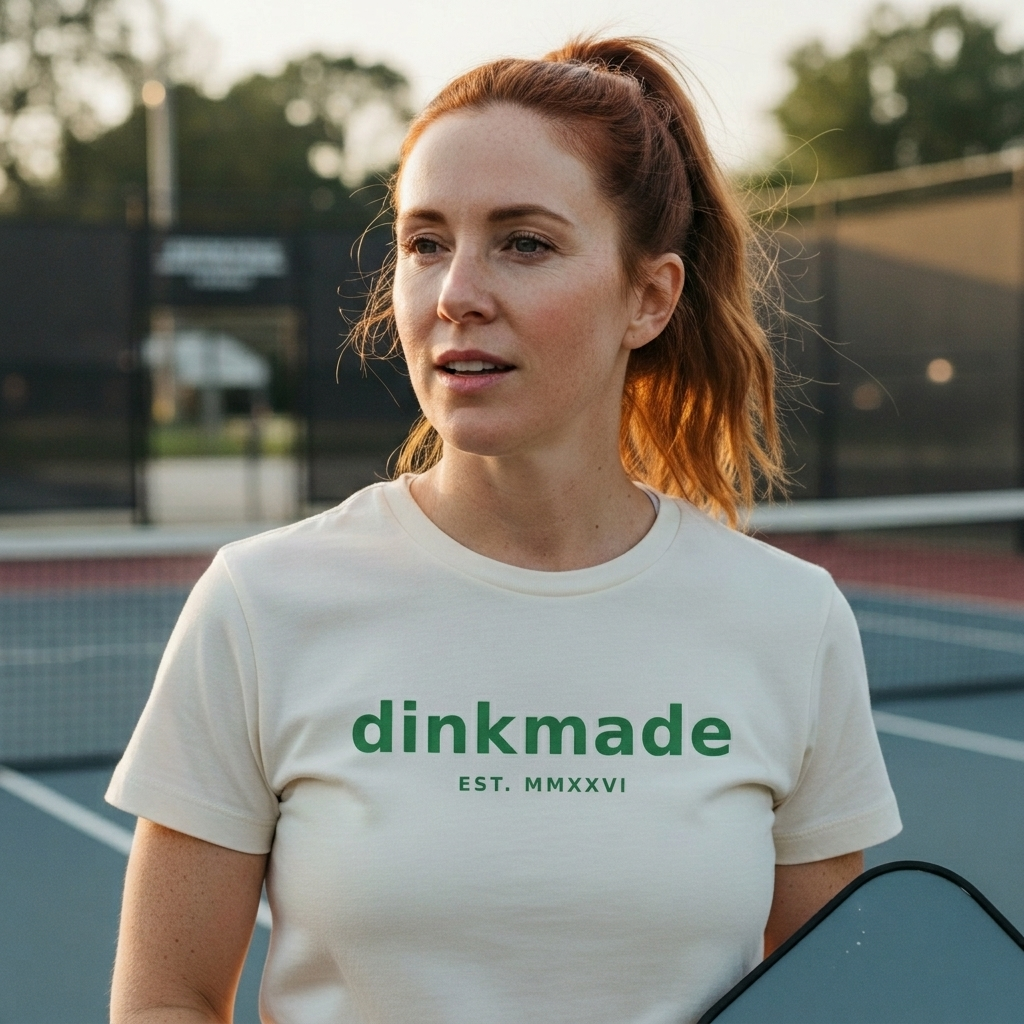 The Stacked Wordmark — Court Green on Cream — worn on the court