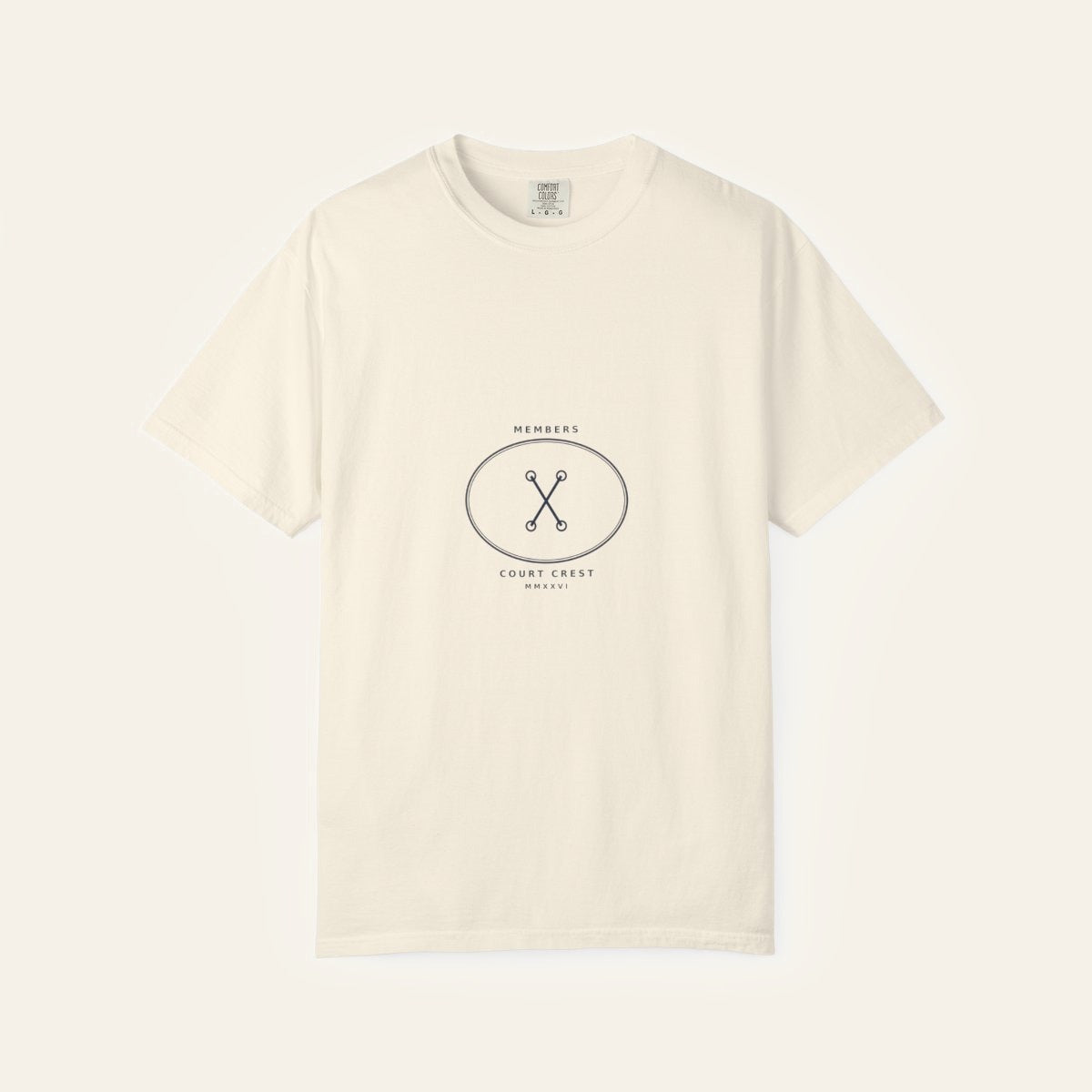 Members Court Crest Tee — Navy on Cream — product flat lay