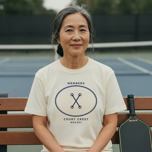 Members Court Crest Tee — Navy on Cream — worn on the court