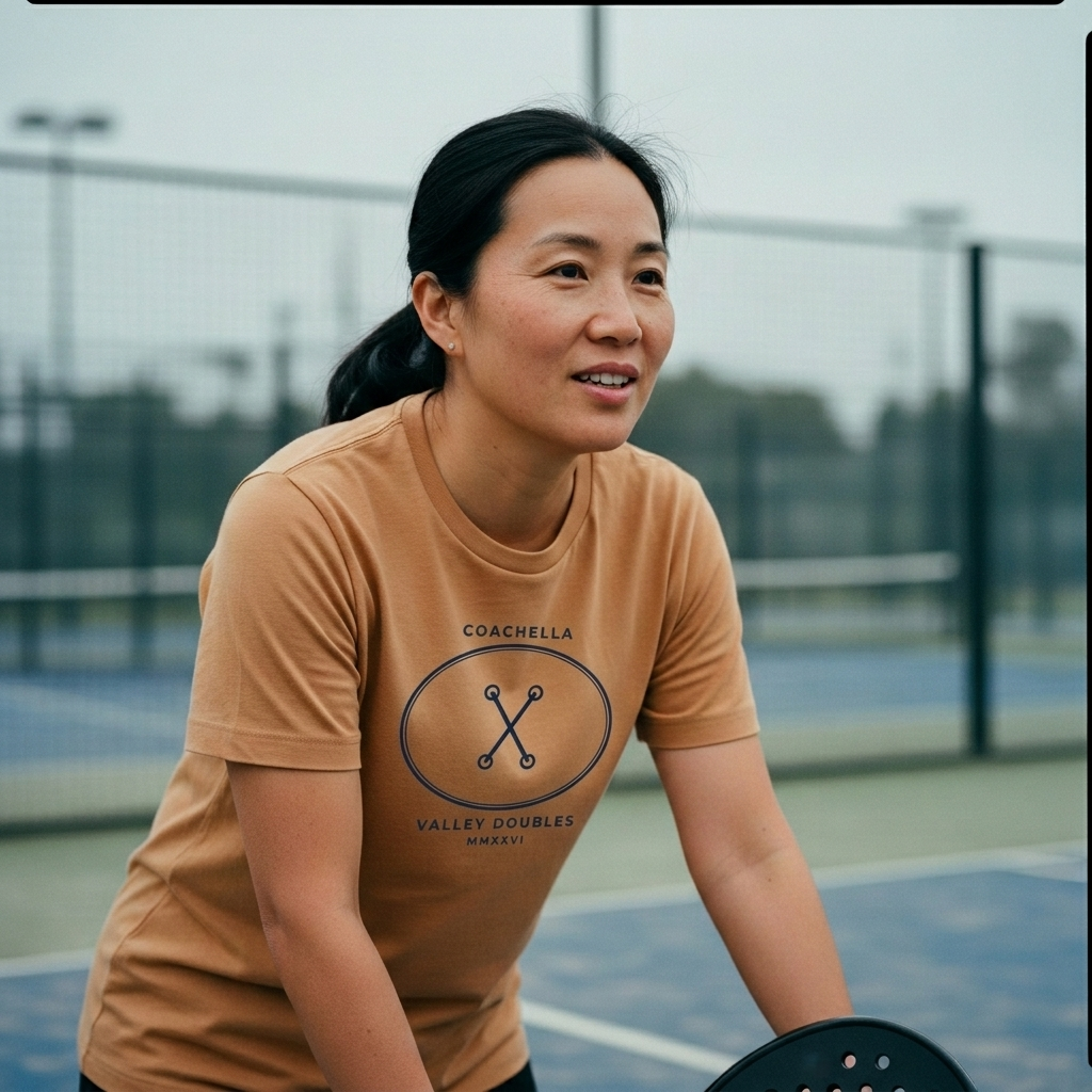 Coachella Valley Doubles — Navy on Sandstone — worn on the court